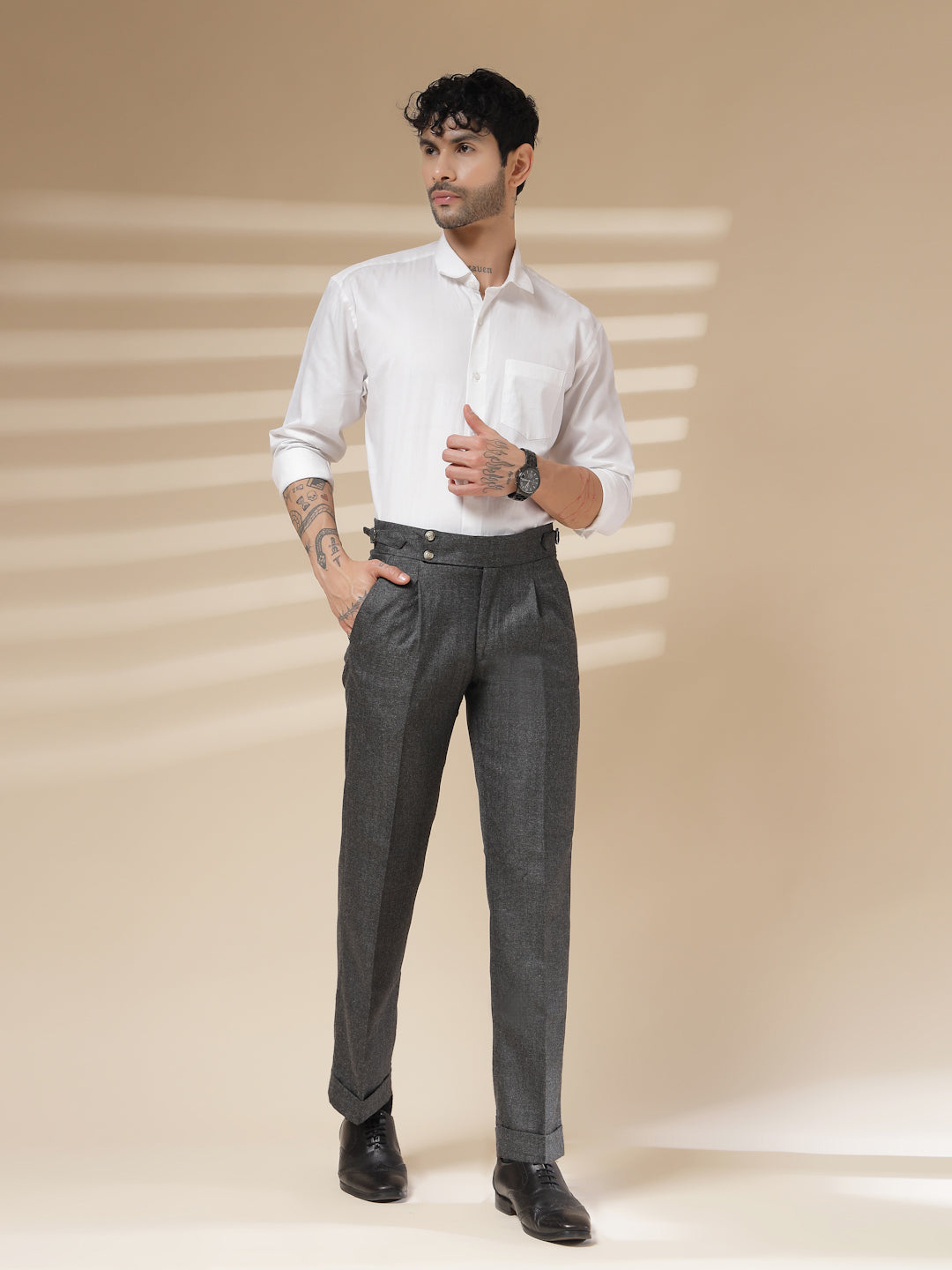 Grey Signature Buttoned Herringbone Gurkha Pants | Boot Cut Fit by Italian Vega® (Winter Warm)