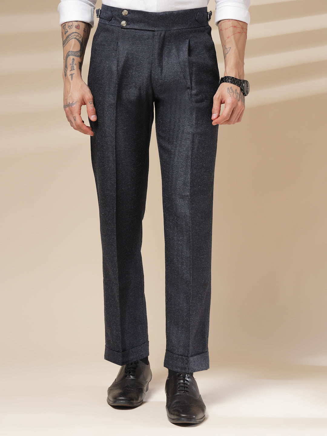 Navy Signature Buttoned Herringbone Gurkha Pants | Boot Cut Fit by Italian Vega® (Winter Warm)