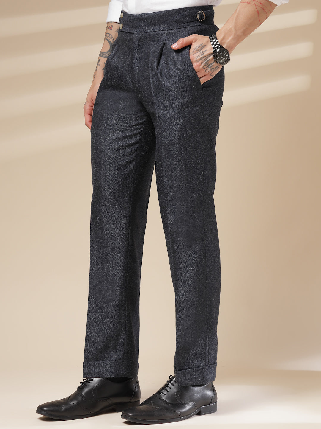 Navy Signature Buttoned Herringbone Gurkha Pants | Boot Cut Fit by Italian Vega® (Winter Warm)