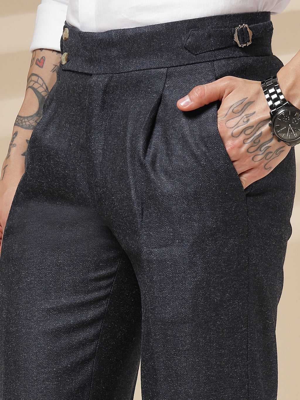Navy Signature Buttoned Herringbone Gurkha Pants | Boot Cut Fit by Italian Vega®
