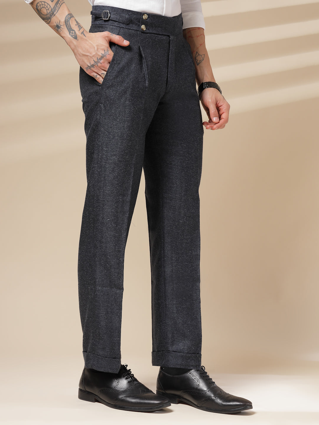 Navy Signature Buttoned Herringbone Gurkha Pants | Boot Cut Fit by Italian Vega® (Winter Warm)