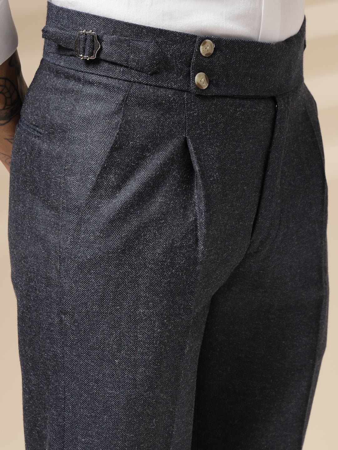 Navy Signature Buttoned Herringbone Gurkha Pants | Boot Cut Fit by Italian Vega® (Winter Warm)