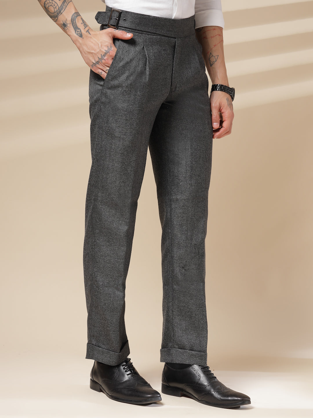 Grey Exotic Herringbone Gurkha Pants | Boot Cut Fit by Italian Vega® (Winter Warm)