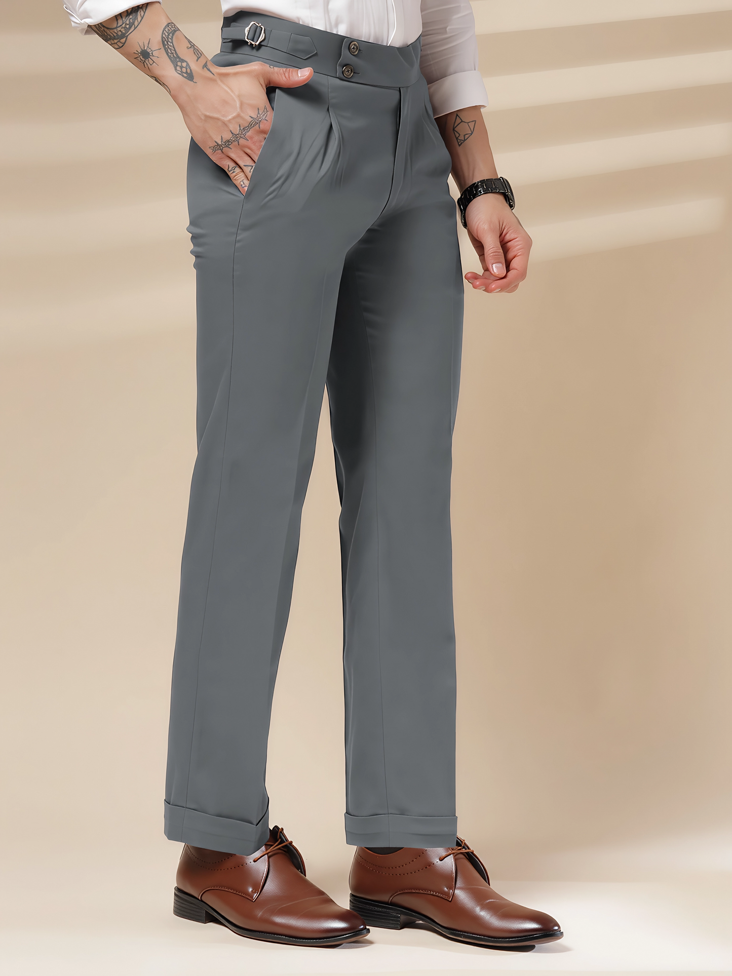 Stone Grey Signature Buttoned Formal Gurkha Pants by ITALIAN VEGA®