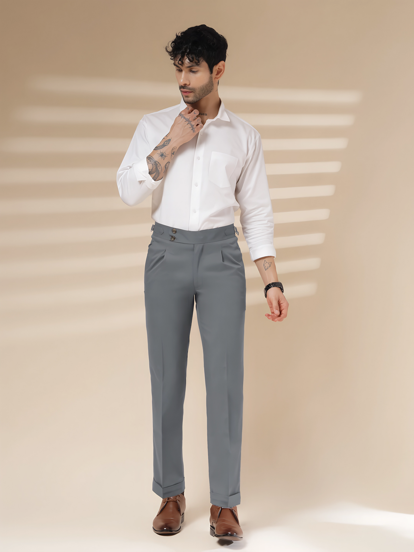 Stone Grey Signature Buttoned Formal Gurkha Pants by ITALIAN VEGA®