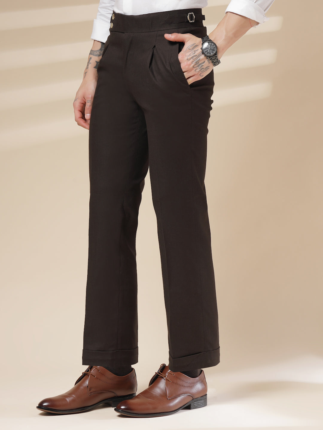 Brown Signature Buttoned Linen Gurkha Pants | Boot Cut Fit by Italian Vega®