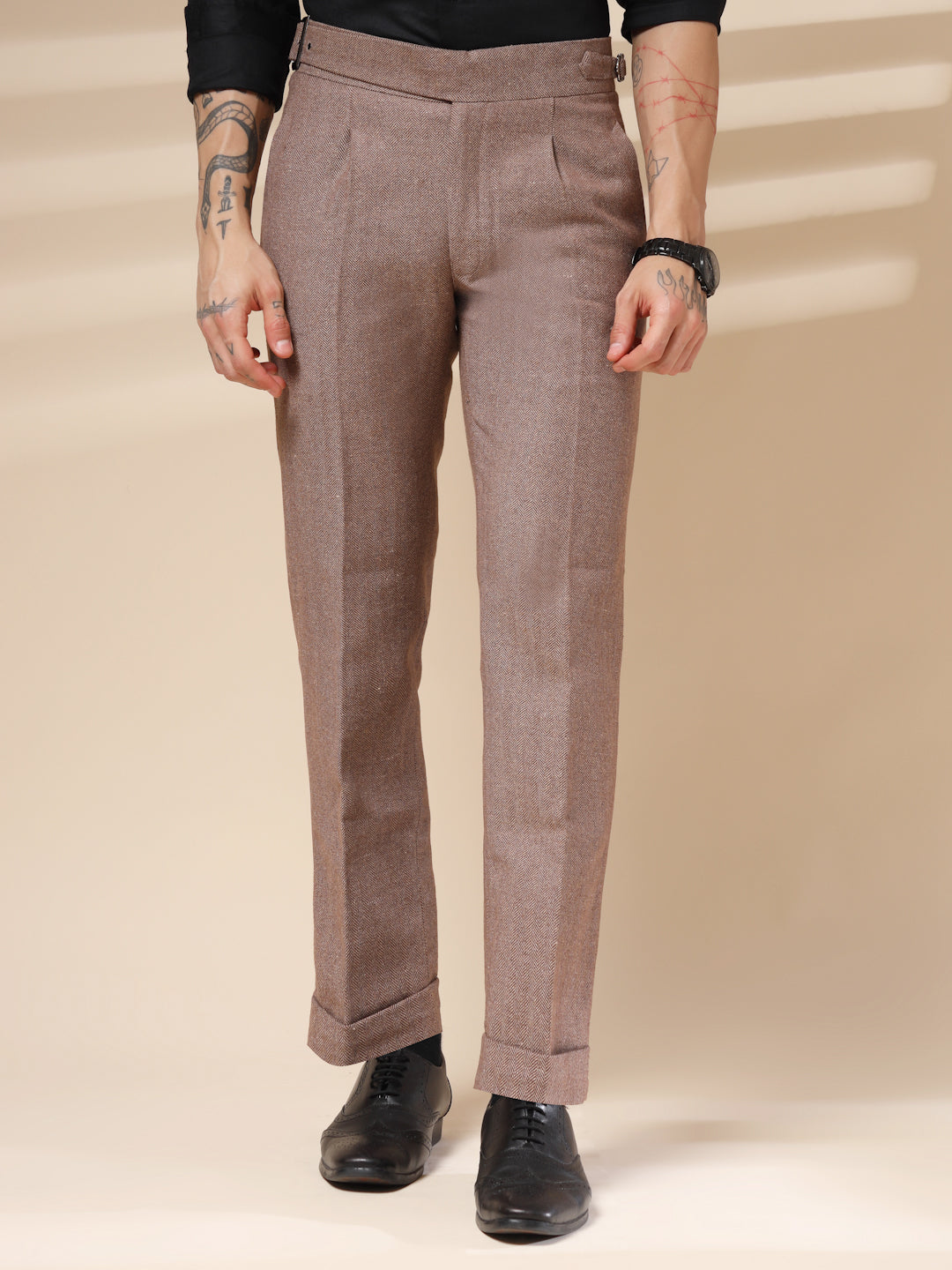 Khakhi Exotic Herringbone Gurkha Pants | Boot Cut Fit by Italian Vega® (Winter Warm)