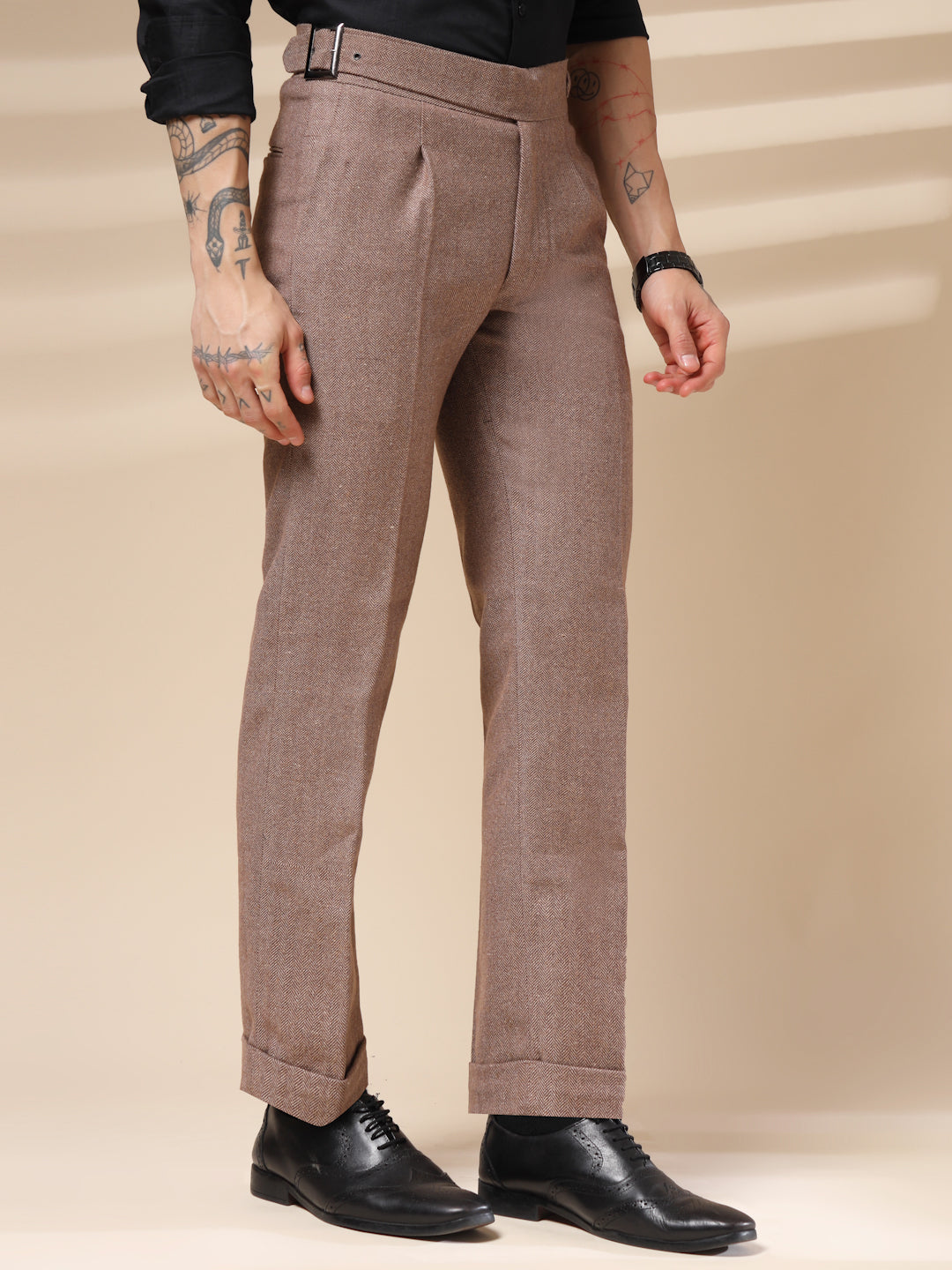 Khakhi Exotic Herringbone Gurkha Pants | Boot Cut Fit by Italian Vega® (Winter Warm)
