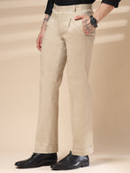 Beige Linen Formal Pleated Gurkha Pants | Boot Cut Fit by Italian Vega®