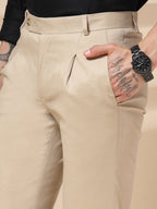 Beige Linen Formal Pleated Gurkha Pants | Boot Cut Fit by Italian Vega®