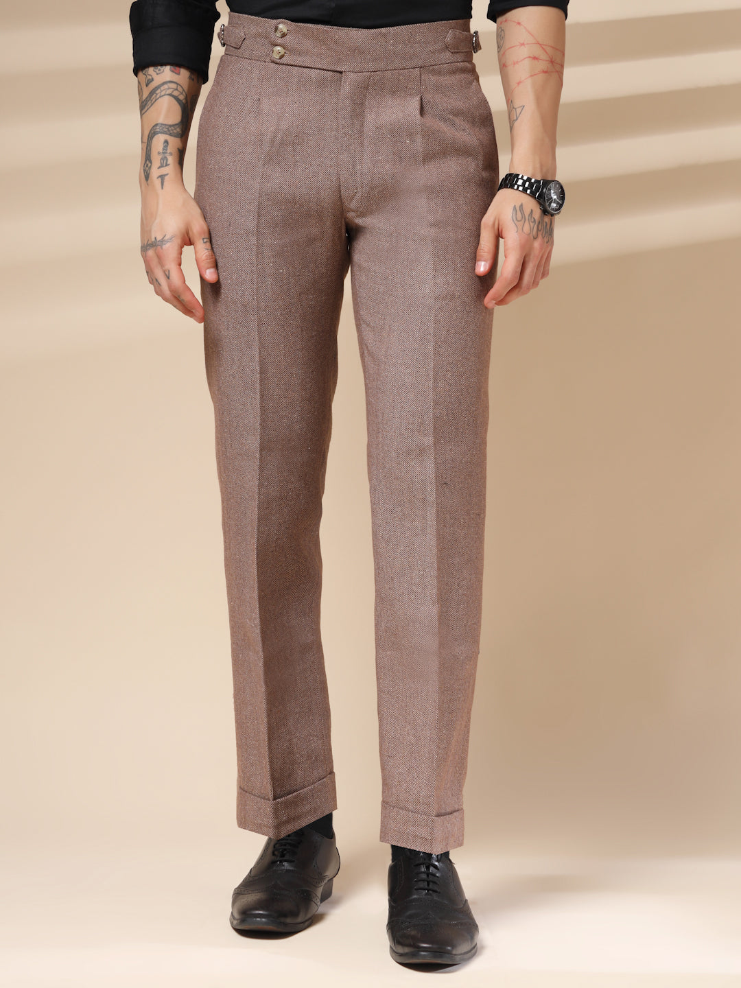 Khakhi Signature Buttoned Herringbone Gurkha Pants | Boot Cut Fit by Italian Vega® (Winter Warm)
