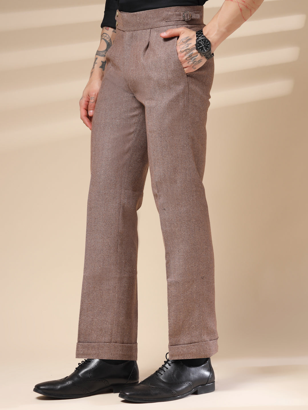 Khakhi Signature Buttoned Herringbone Gurkha Pants | Boot Cut Fit by Italian Vega® (Winter Warm)