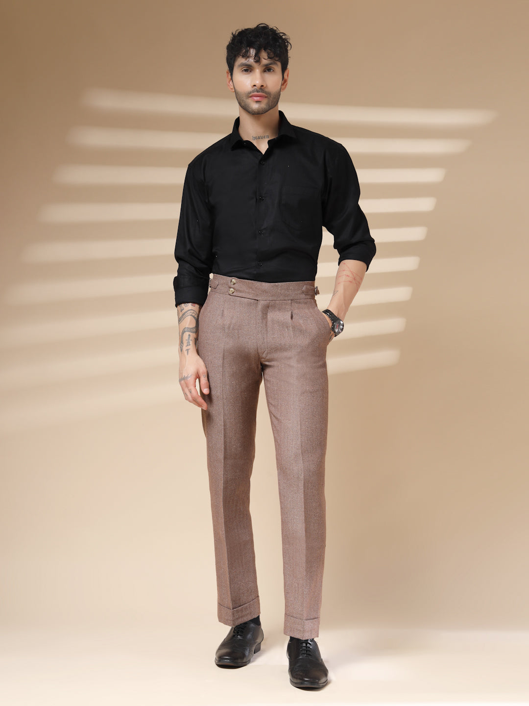Khakhi Signature Buttoned Herringbone Gurkha Pants | Boot Cut Fit by Italian Vega® (Winter Warm)