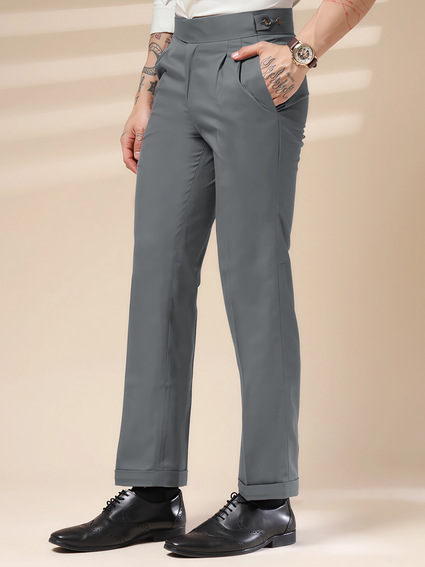 Stone Grey Classic Buttoned Formal Gurkha Pants by ITALIAN VEGA®