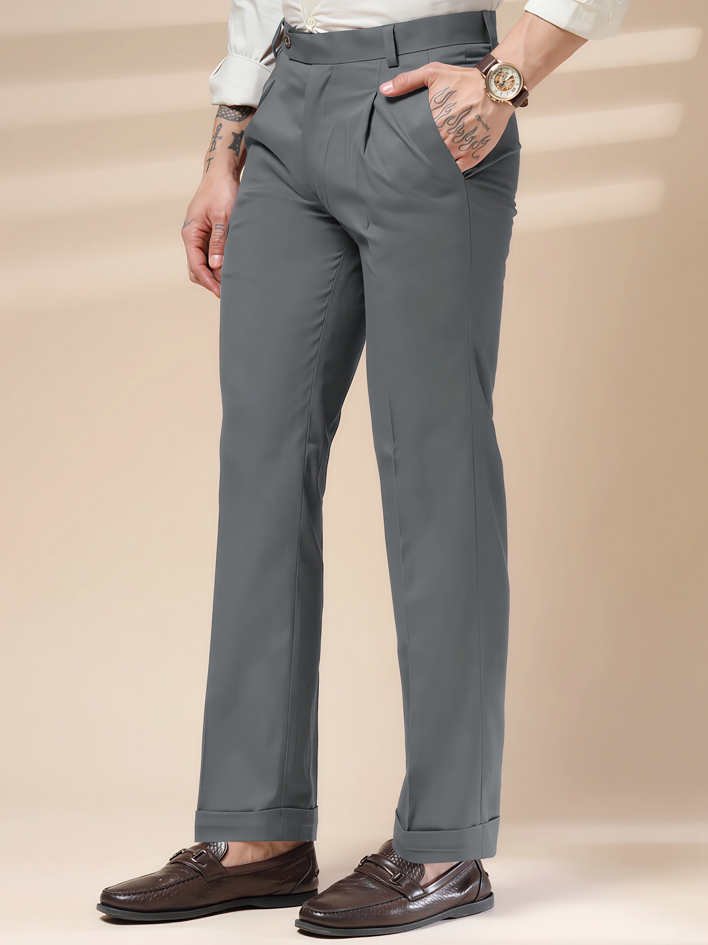 Stone Grey Men Pleated Formal Trouser by Italian Vega®