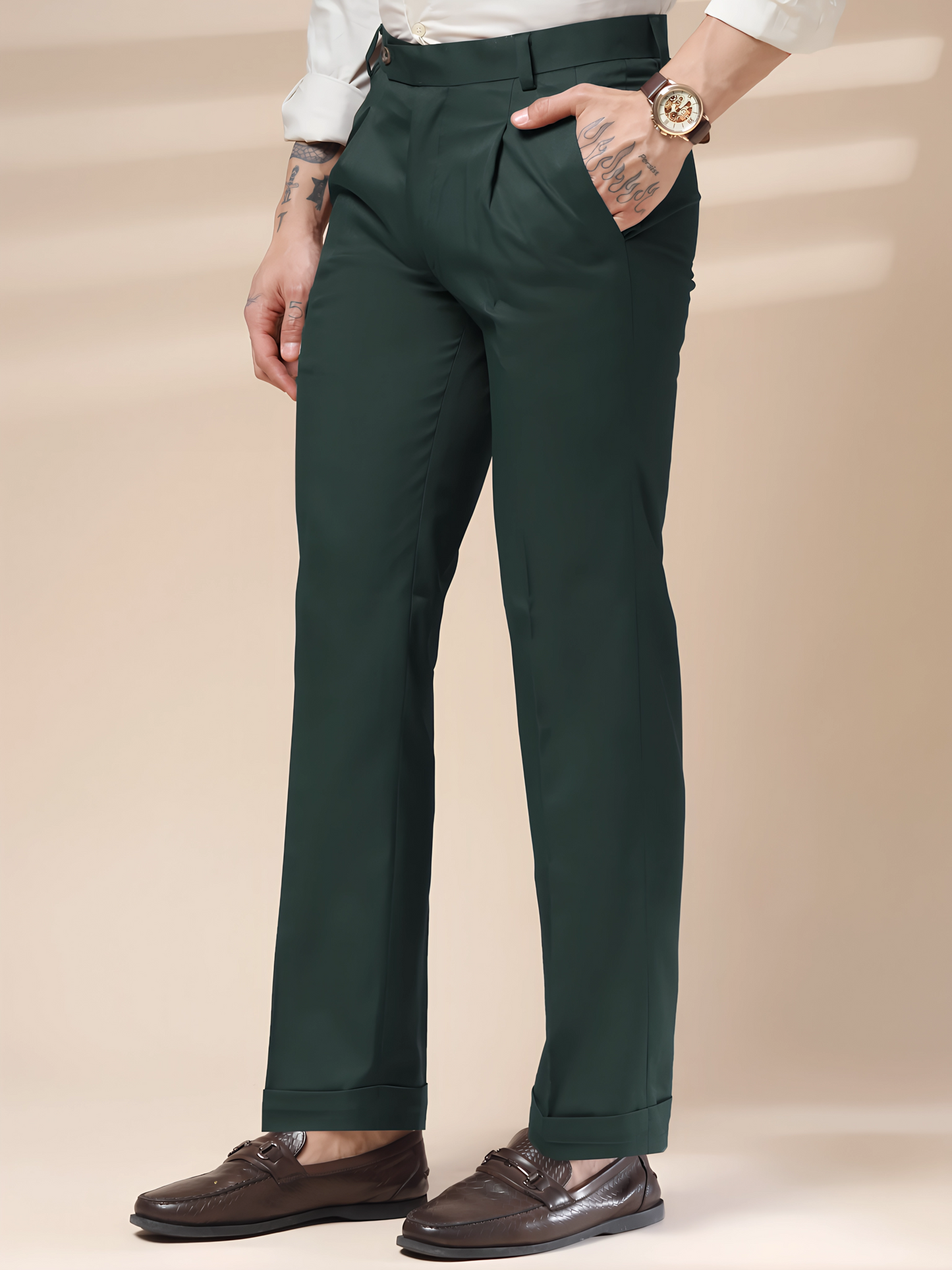 Bottle Green Men Pleated Formal Trouser by Italian Vega®