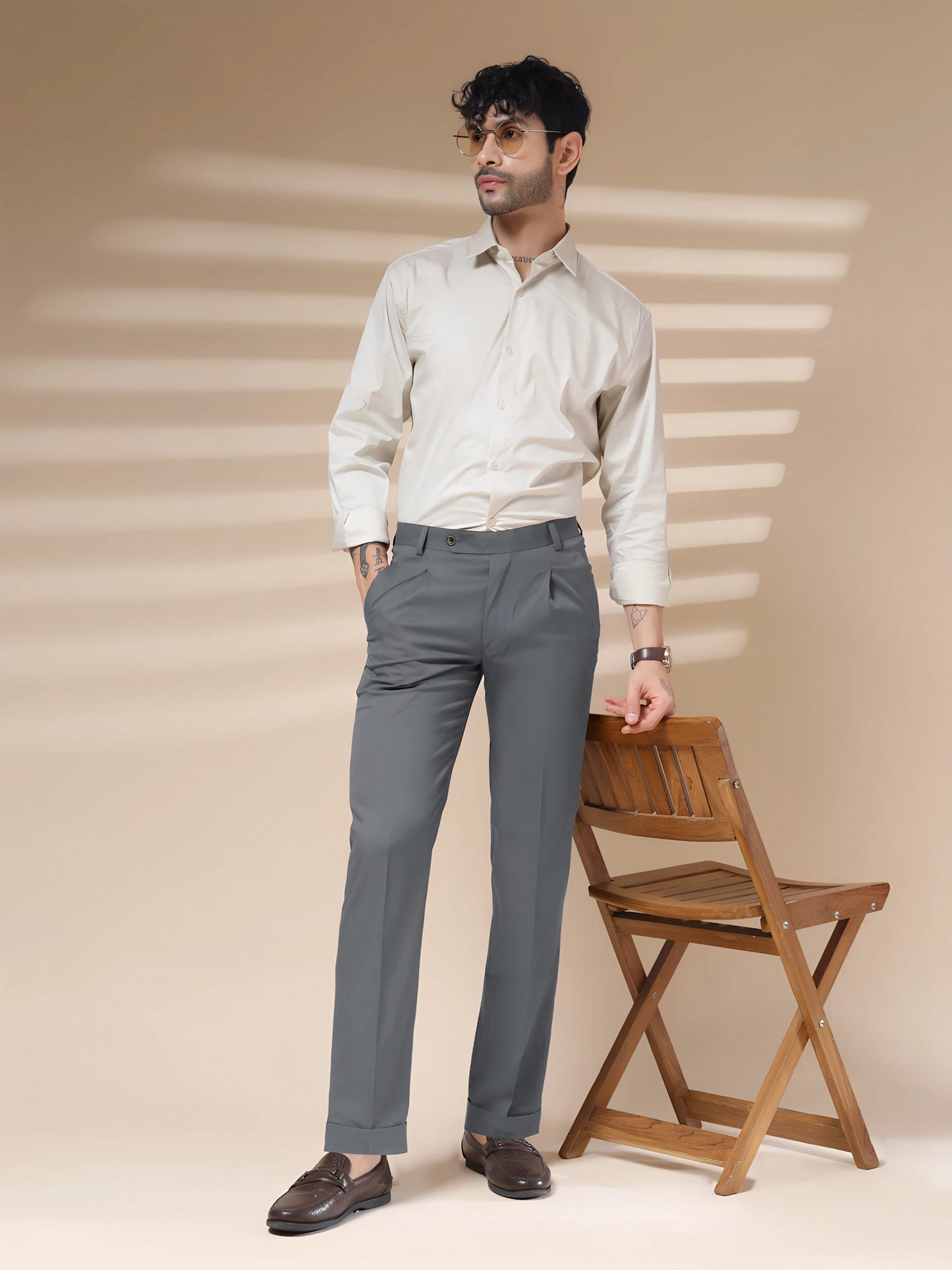 Stone Grey Men Pleated Formal Trouser by Italian Vega®