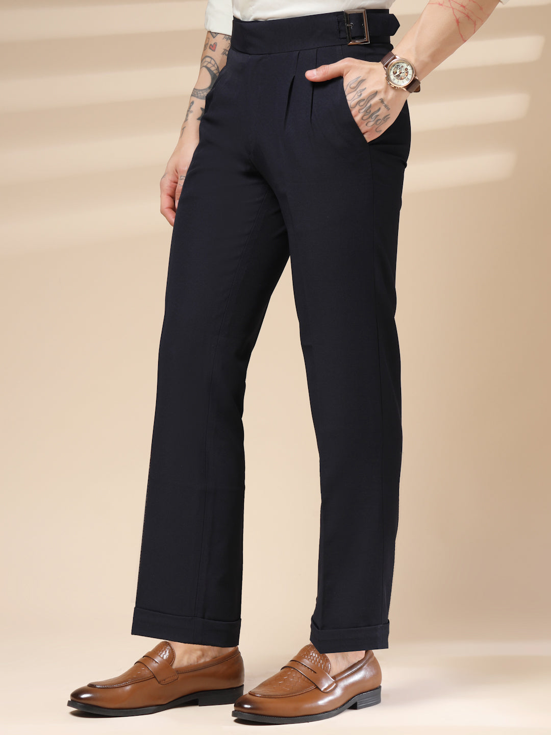 Navy Blue Classic Buckle Formal Gurkha Pants by ITALIAN VEGA®