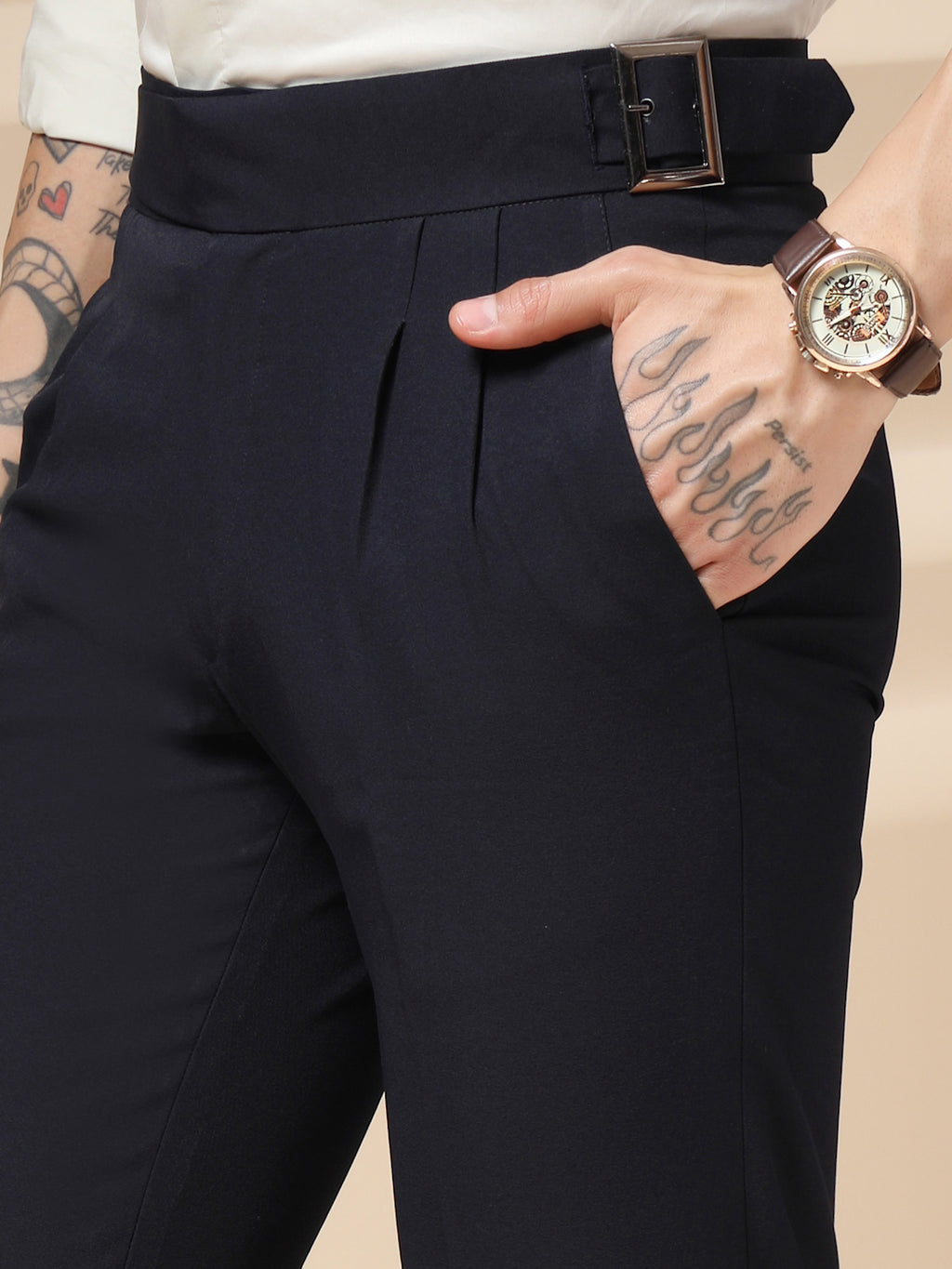 Navy Blue Classic Buckle Formal Gurkha Pants by ITALIAN VEGA®