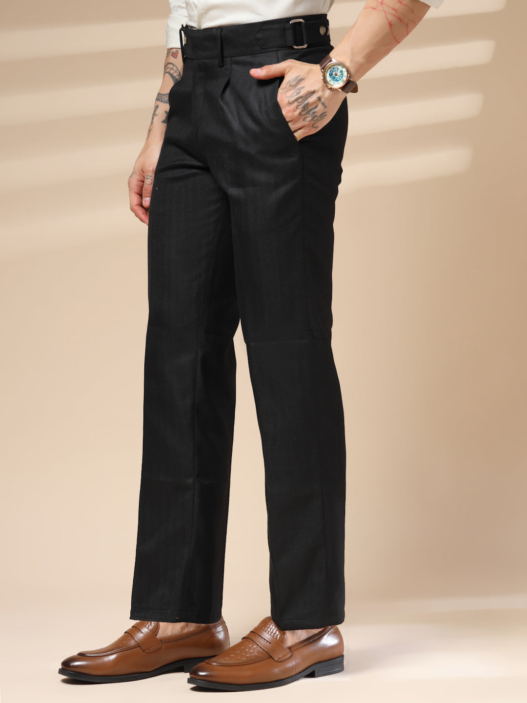 Black Oxford Herringbone Gurkha Pants | Boot Cut Fit by Italian Vega® (Winter Warm)