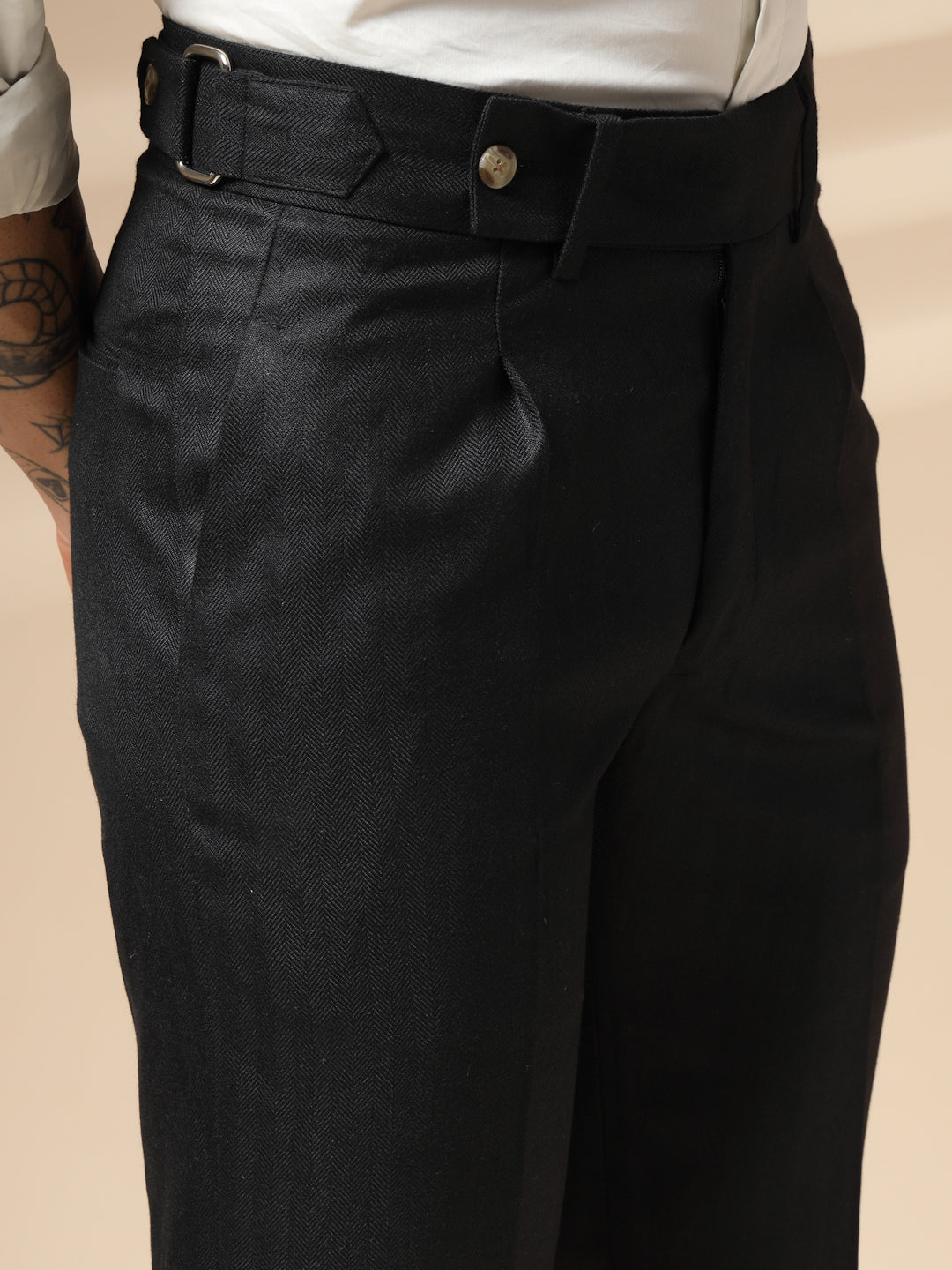 Black Oxford Herringbone Gurkha Pants | Boot Cut Fit by Italian Vega® (Winter Warm)
