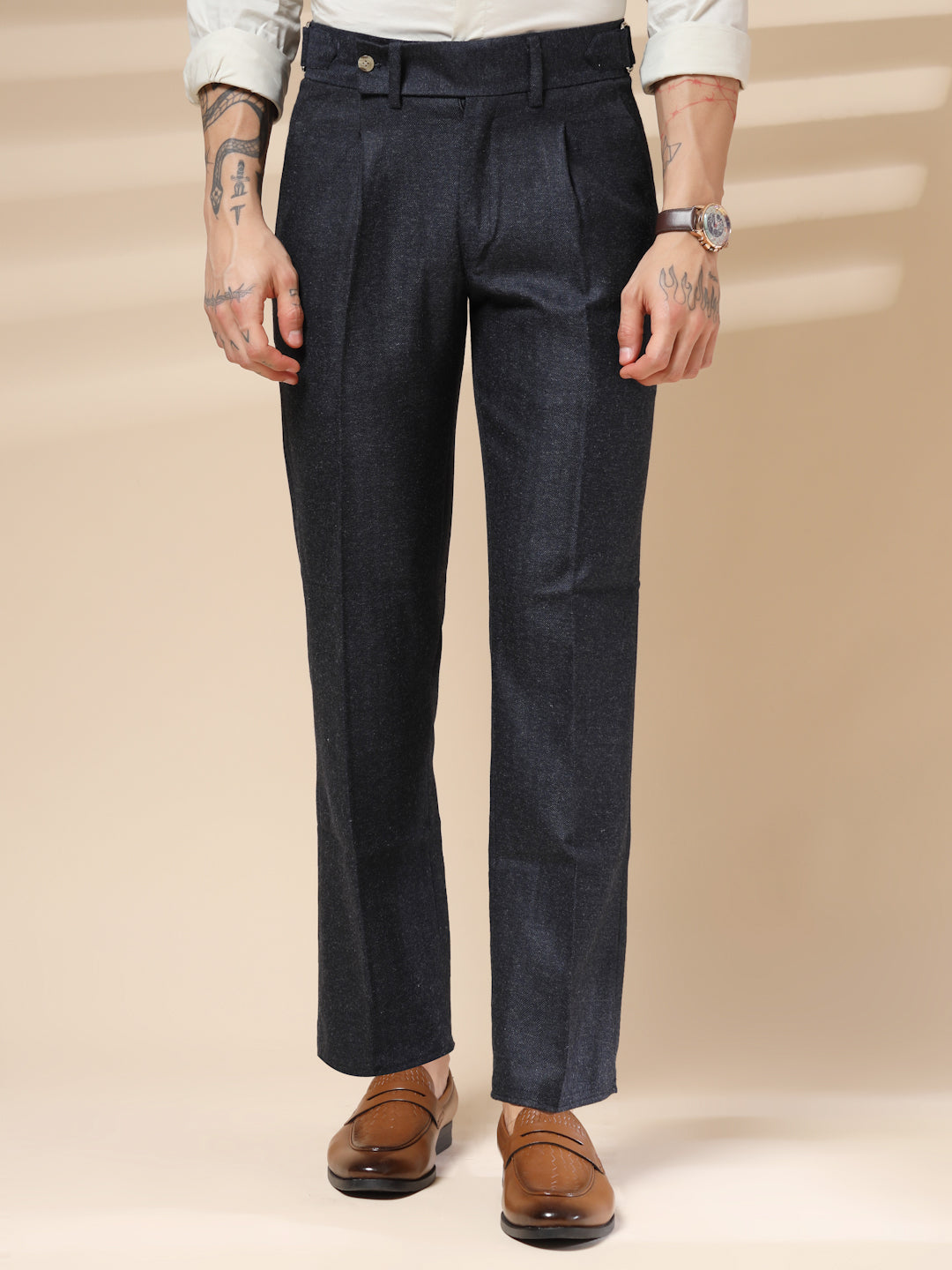 Navy Oxford Herringbone Gurkha Pants | Boot Cut Fit by Italian Vega® (Winter Warm)