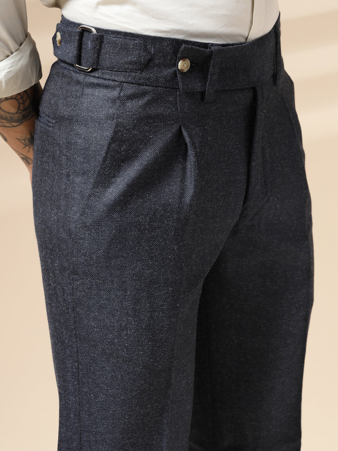 Navy Oxford Herringbone Gurkha Pants | Boot Cut Fit by Italian Vega® (Winter Warm)