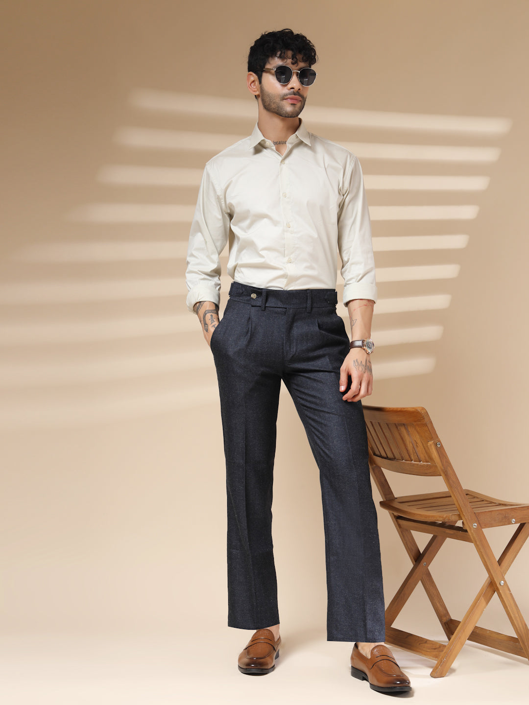 Navy Oxford Herringbone Gurkha Pants | Boot Cut Fit by Italian Vega® (Winter Warm)