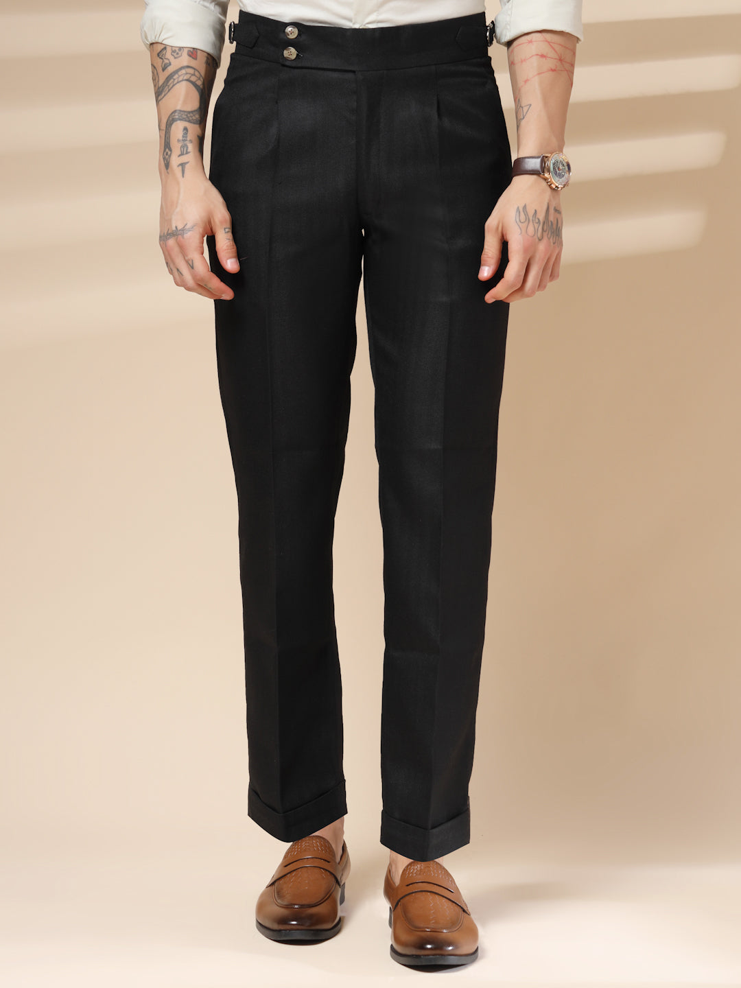Black Signature Buttoned Herringbone Gurkha Pants | Boot Cut Fit by Italian Vega® (Winter Warm)
