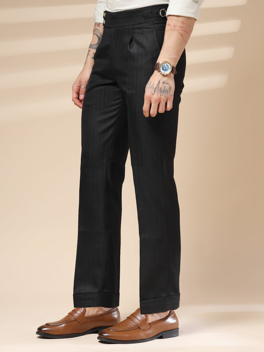 Black Signature Buttoned Herringbone Gurkha Pants | Boot Cut Fit by Italian Vega®