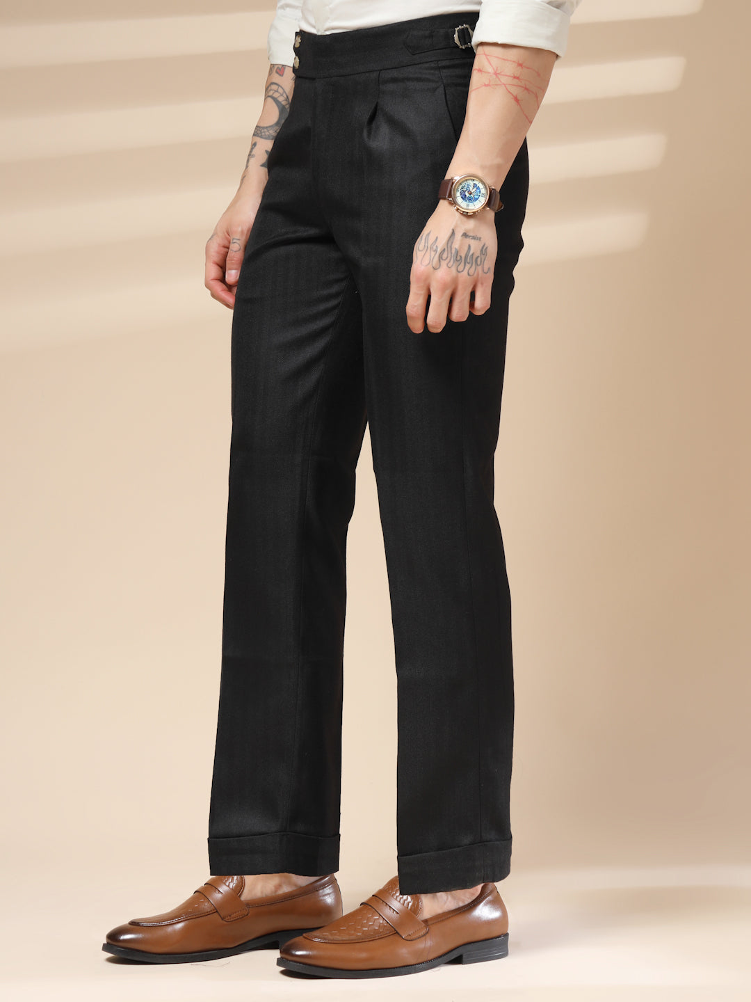 Black Signature Buttoned Herringbone Gurkha Pants | Boot Cut Fit by Italian Vega® (Winter Warm)