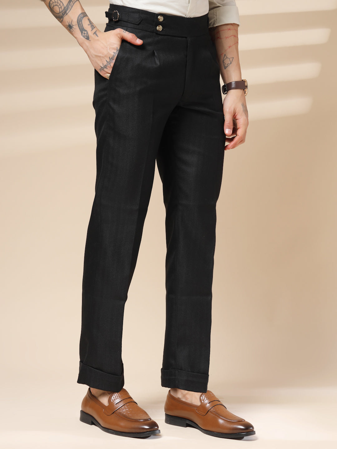 Black Signature Buttoned Herringbone Gurkha Pants | Boot Cut Fit by Italian Vega® (Winter Warm)