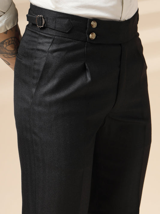 Black Signature Buttoned Herringbone Gurkha Pants | Boot Cut Fit by Italian Vega® (Winter Warm)