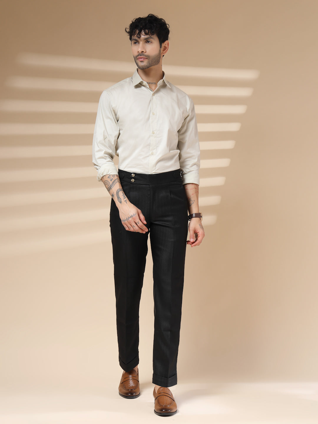 Black Signature Buttoned Herringbone Gurkha Pants | Boot Cut Fit by Italian Vega® (Winter Warm)