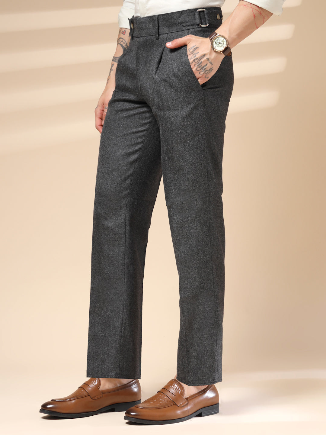 Grey Oxford Herringbone Gurkha Pants | Boot Cut Fit by Italian Vega® (Winter Warm)