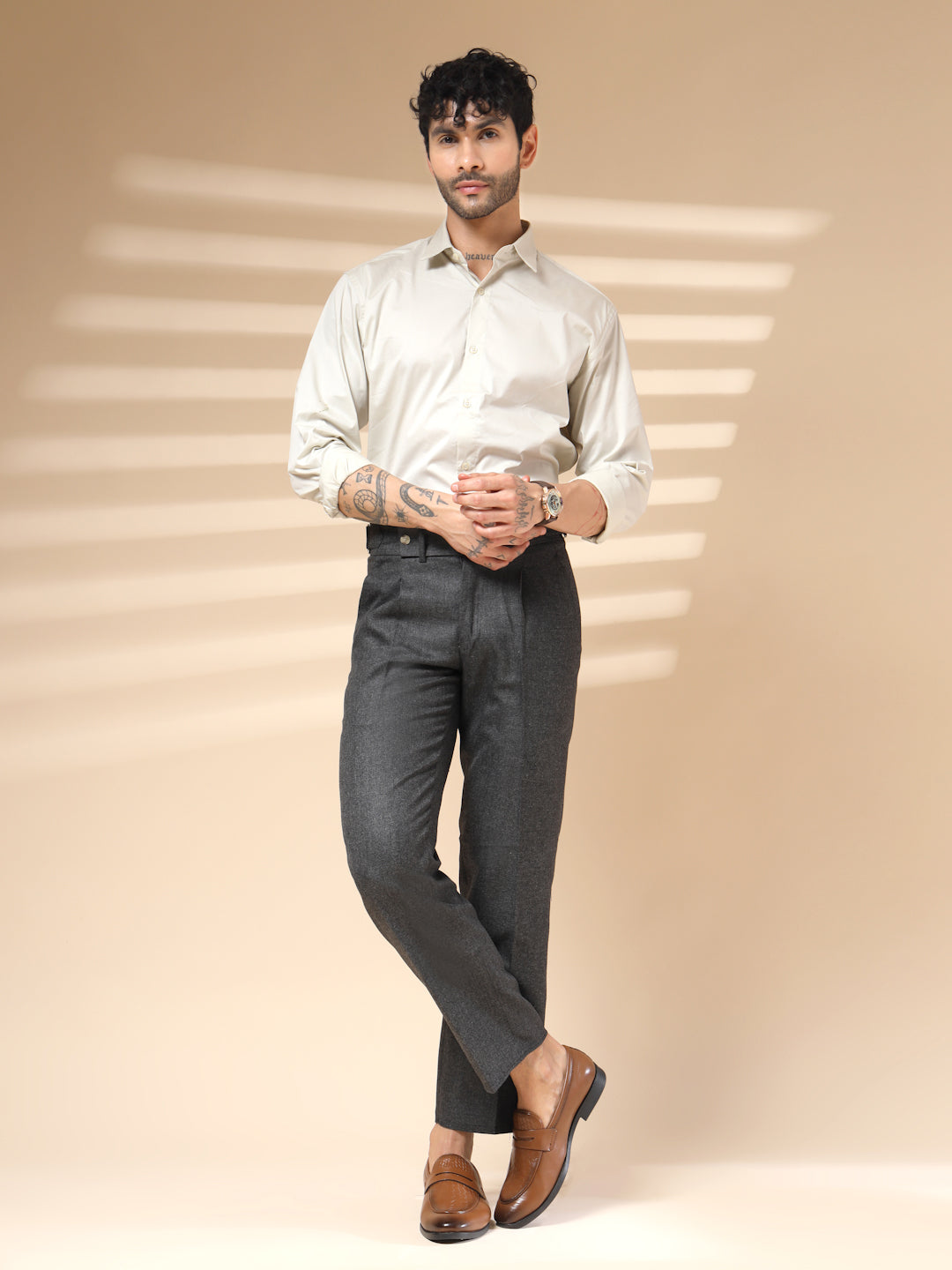 Grey Oxford Herringbone Gurkha Pants | Boot Cut Fit by Italian Vega® (Winter Warm)