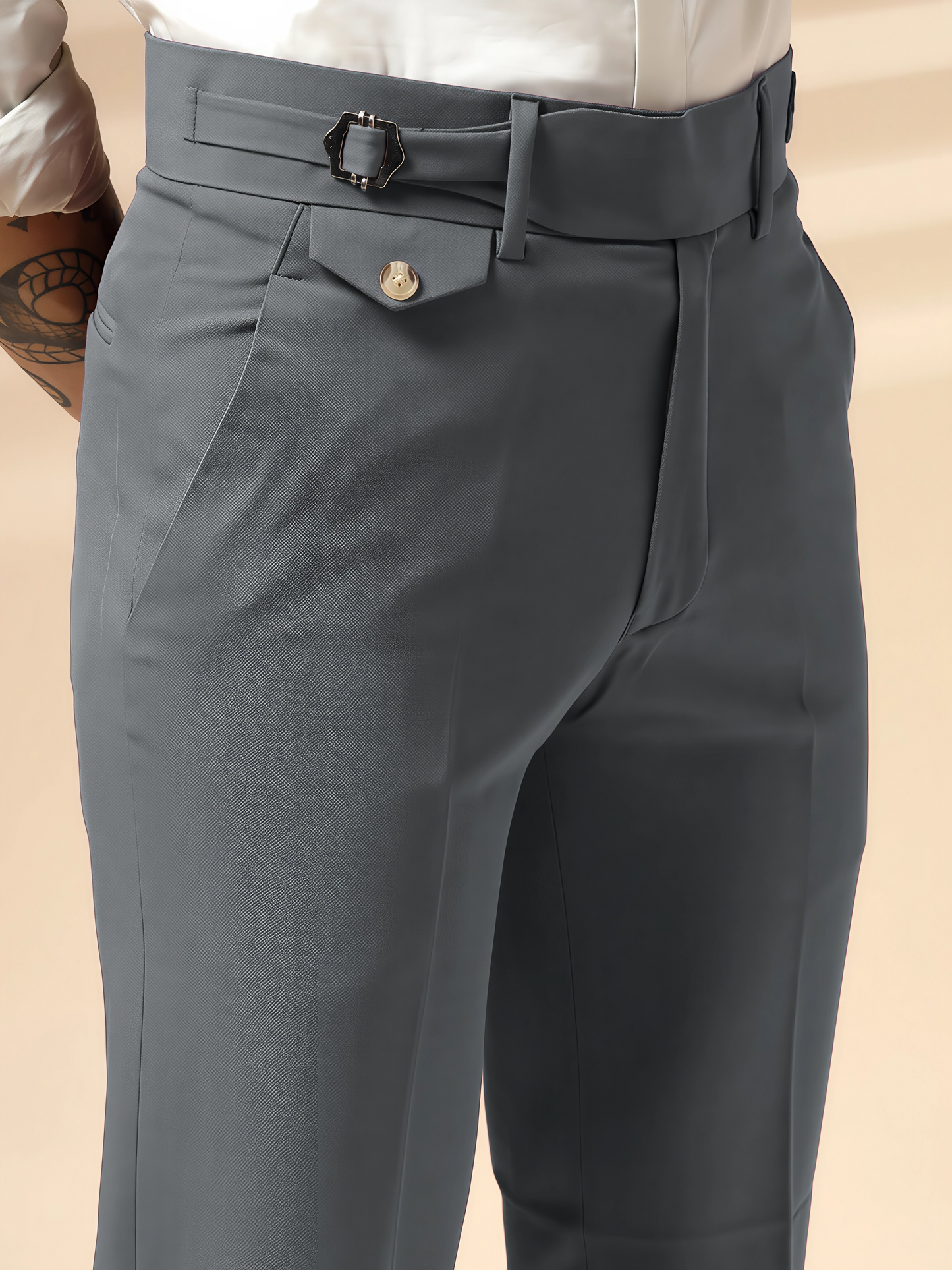 Stone Grey Single Buckle Formal Gurkha Pants by ITALIAN VEGA®