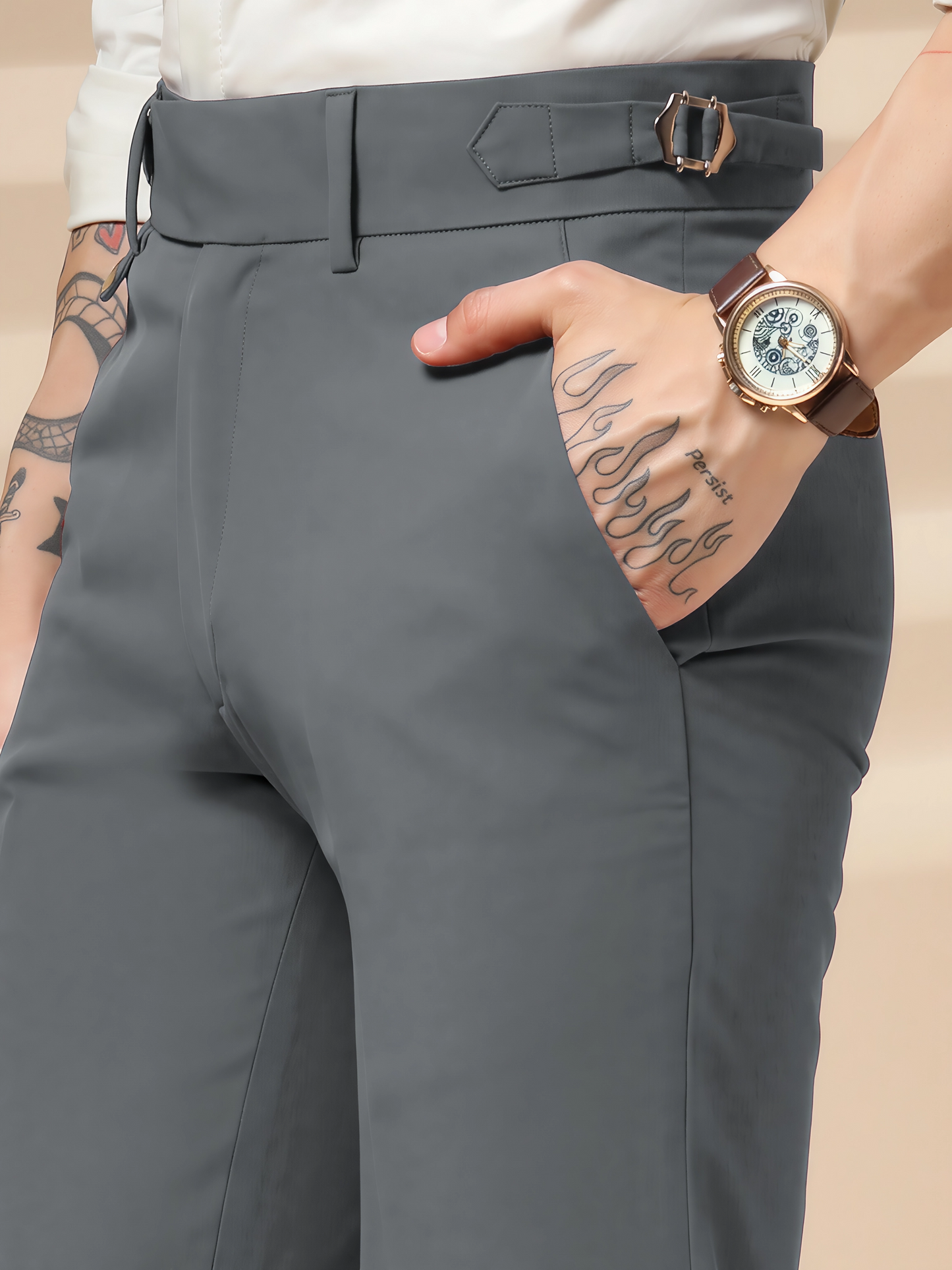 Stone Grey Single Buckle Formal Gurkha Pants by ITALIAN VEGA®