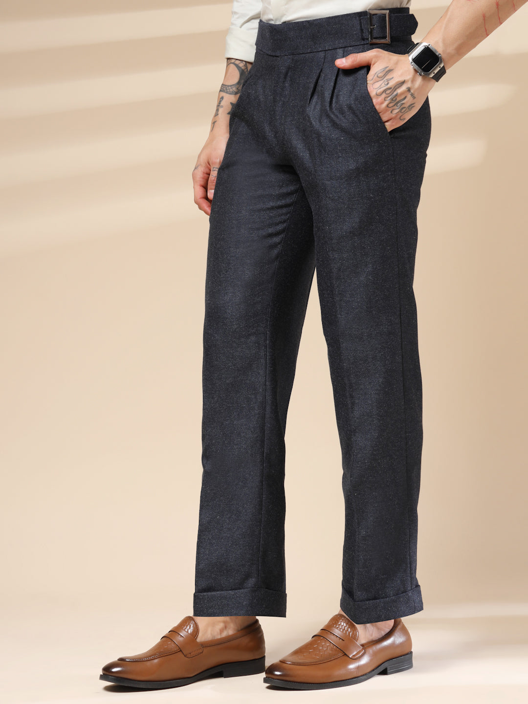 Navy Classic Buckle Herringbone Gurkha Pants | Boot Cut Fit by Italian Vega® (Winter Warm)