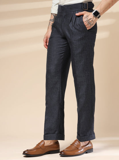 Navy Classic Buckle Herringbone Gurkha Pants | Boot Cut Fit by Italian Vega® (Winter Warm)