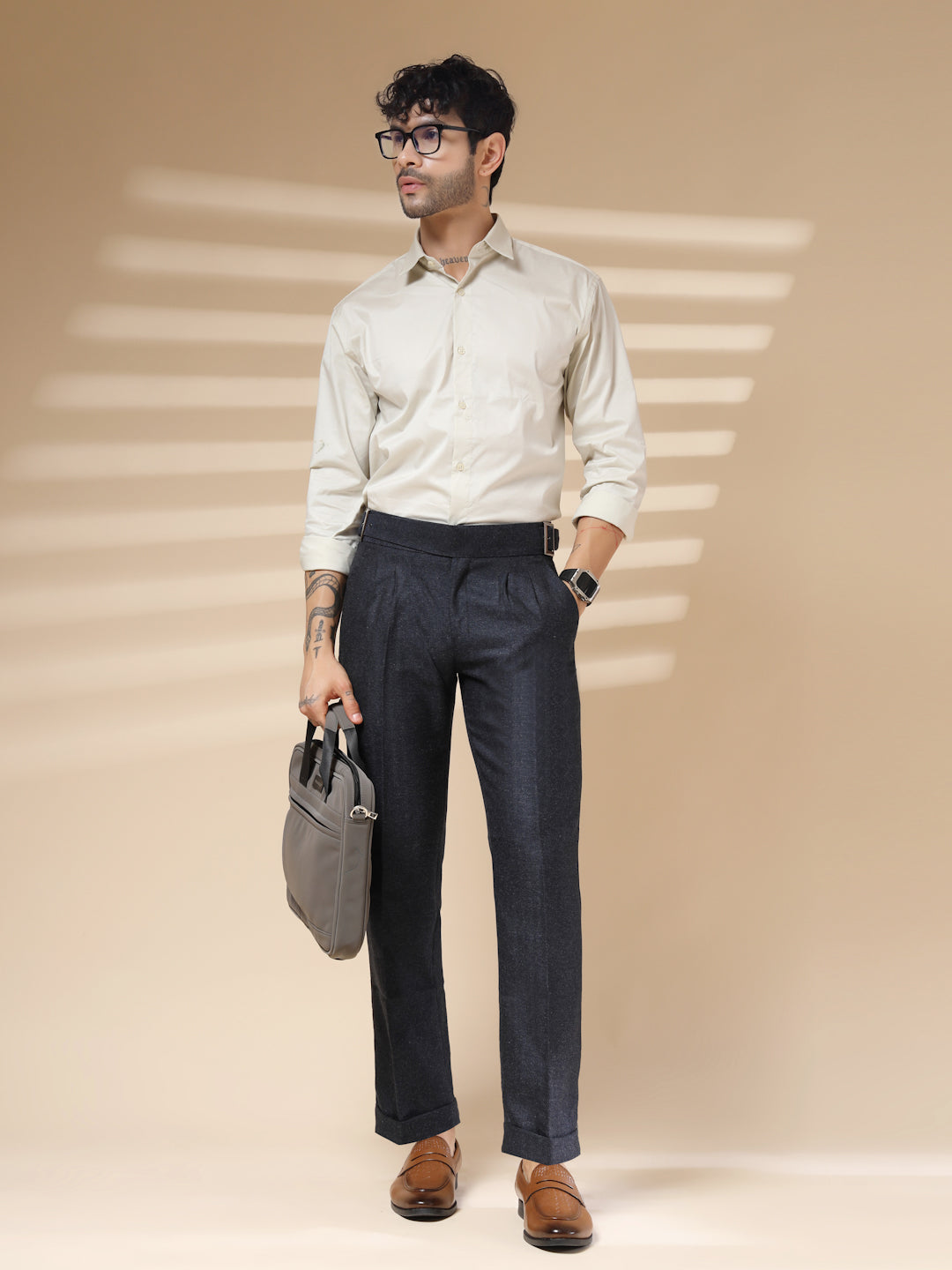 Navy Classic Buckle Herringbone Gurkha Pants | Boot Cut Fit by Italian Vega® (Winter Warm)