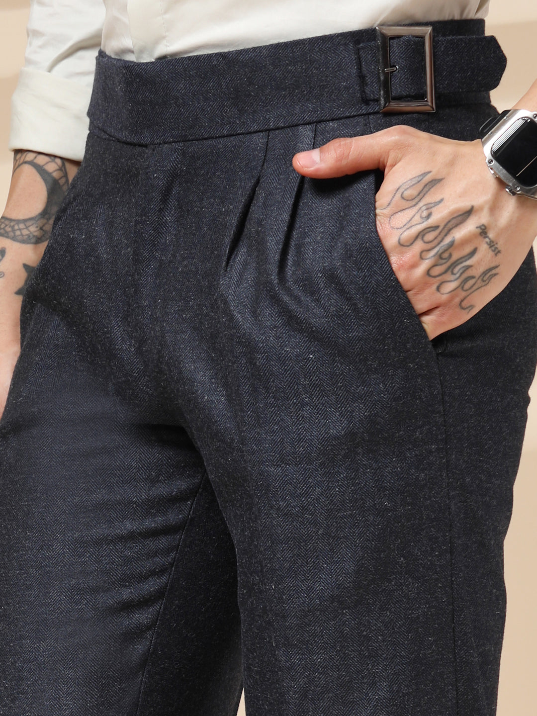 Navy Classic Buckle Herringbone Gurkha Pants | Boot Cut Fit by Italian Vega® (Winter Warm)