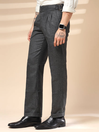 Grey Classic Buckle Herringbone Gurkha Pants | Boot Cut Fit by Italian Vega® (Winter Warm)