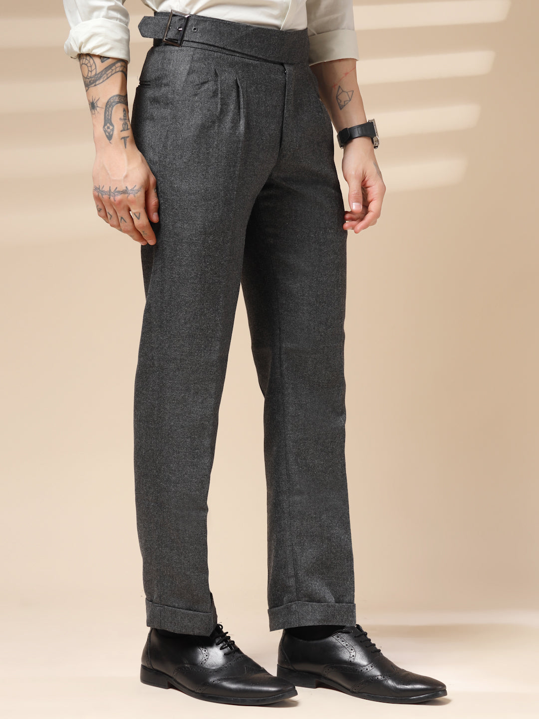 Grey Classic Buckle Herringbone Gurkha Pants | Boot Cut Fit by Italian Vega® (Winter Warm)