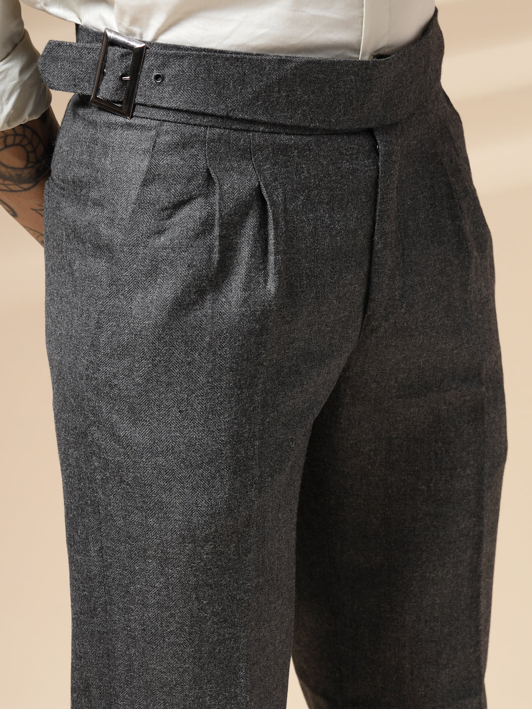 Grey Classic Buckle Herringbone Gurkha Pants | Boot Cut Fit by Italian Vega® (Winter Warm)