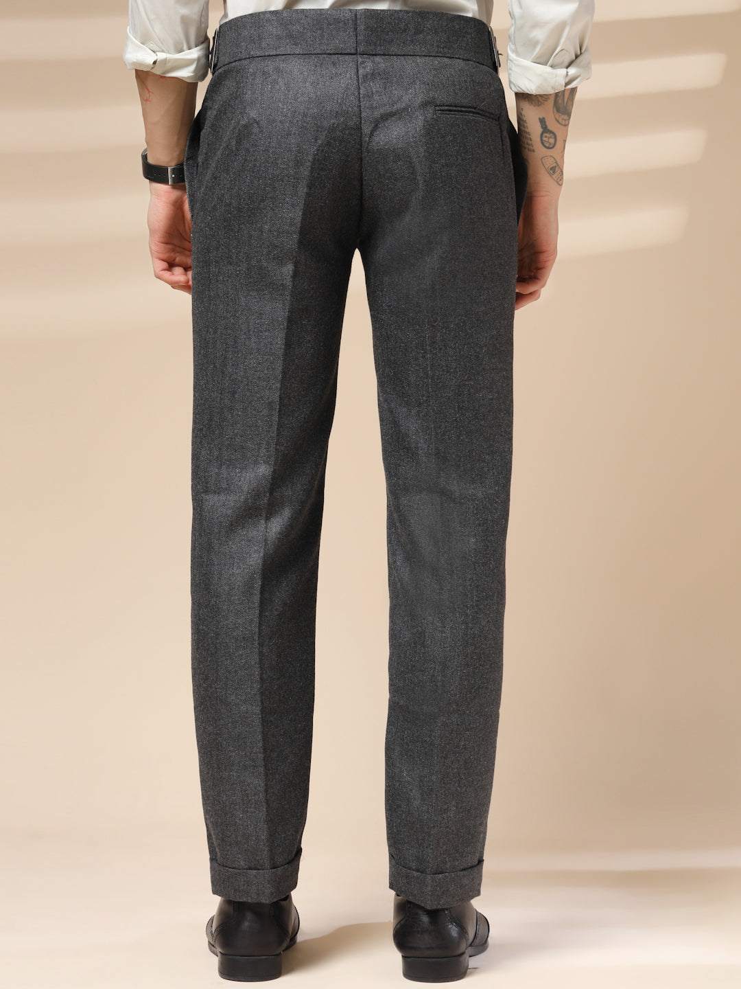 Grey Classic Buckle Herringbone Gurkha Pants | Boot Cut Fit by Italian Vega® (Winter Warm)