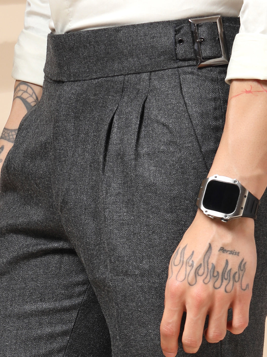 Grey Classic Buckle Herringbone Gurkha Pants | Boot Cut Fit by Italian Vega® (Winter Warm)