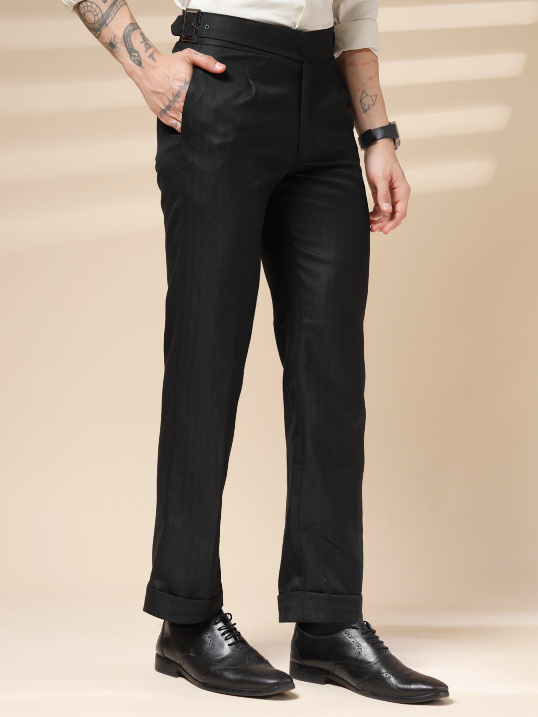 Black Exotic Herringbone Gurkha Pants | Boot Cut Fit by Italian Vega® (Winter Warm)
