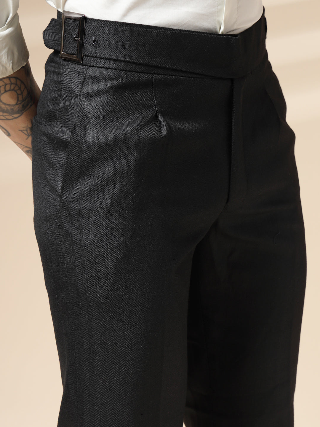 Black Exotic Herringbone Gurkha Pants | Boot Cut Fit by Italian Vega® (Winter Warm)