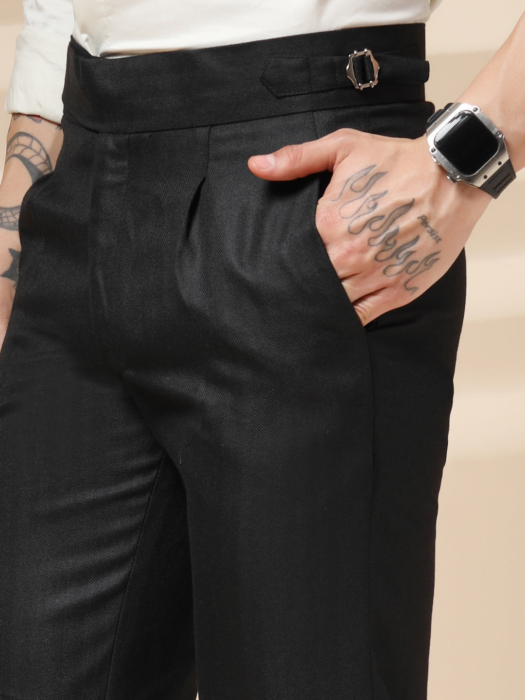 Black Exotic Herringbone Gurkha Pants | Boot Cut Fit by Italian Vega® (Winter Warm)